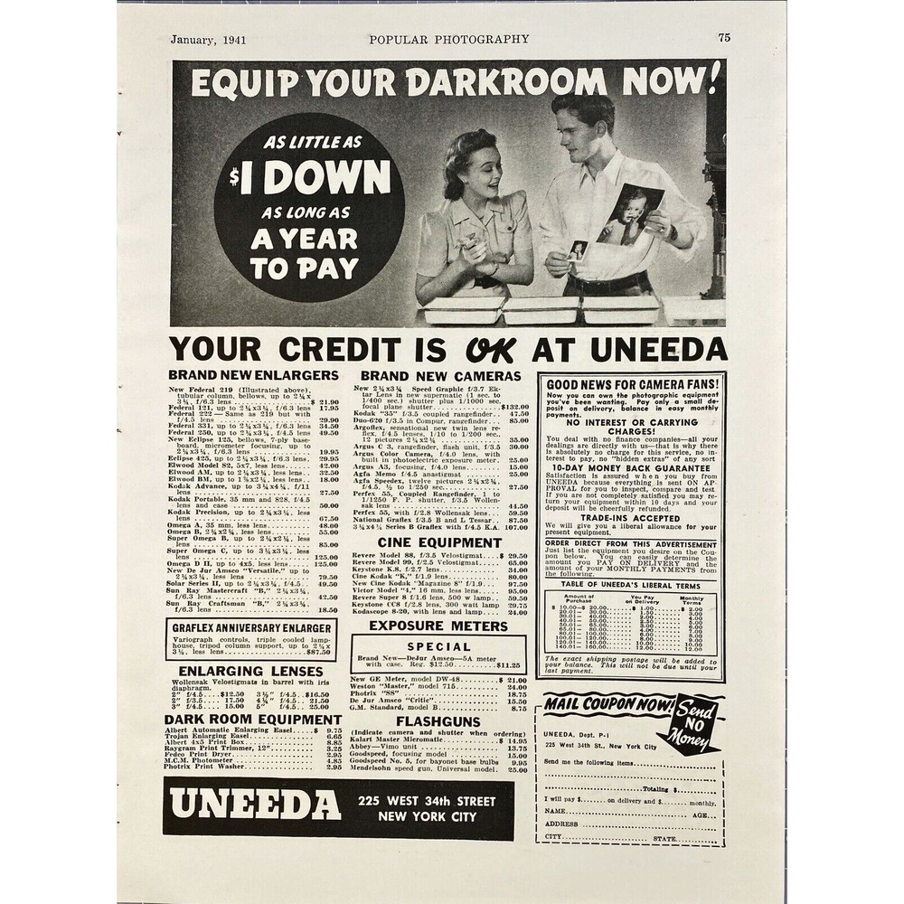 UNEEDA "Equip Your Darkroom Now!" New York City Vintage Print Ad 1941